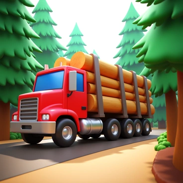 A large truck with a bright red cabin and a sturdy chassis is carrying a load of logs. The logs are stacked high, secured with thick straps. The truck is moving along a narrow, winding forest road, surrounded by tall evergreen trees with lush green foliage. Sunlight filters through the leaves, creating dappled patterns on the ground. The dust from the truck's tires rises into the air, mingling with the earthy scent of the forest.