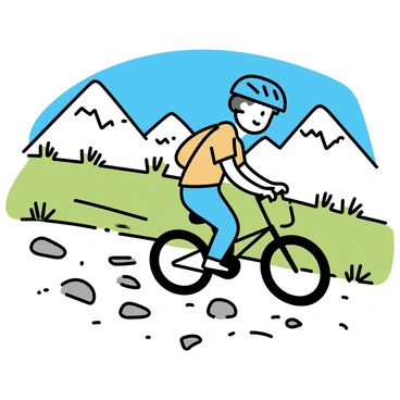 A mountain biker, wearing a blue helmet and bright orange jersey, is navigating a rugged trail. The trail is rocky and uneven, surrounded by patches of green grass and small shrubs. In the background, majestic mountains rise high with snow-capped peaks under a clear blue sky. The sun casts shadows on the terrain, highlighting the biker's focused expression as he expertly maneuvers the bike.