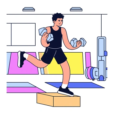 An athlete in a black tank top and shorts is performing step-ups onto a sturdy wooden platform in a gym. The athlete holds a pair of silver dumbbells, one in each hand, positioned at their sides. Sweat glistens on their forehead as they focus on their movement. In the background, there are colorful gym mats and exercise equipment. The gym has bright overhead lights illuminating the space.