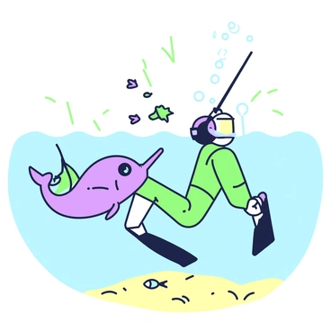 A diver is swimming gracefully in clear water. The diver is wearing a wetsuit and a snorkel, with fins on their feet. Beside the diver, a curious swordfish is swimming closely, its long bill pointed forward. Sunlight filters through the water, creating patterns on the sandy ocean floor below. Bubbles escape from the diver's breathing apparatus, rising toward the surface. Surrounding the diver and the swordfish, small schools of colorful fish are darting around.
