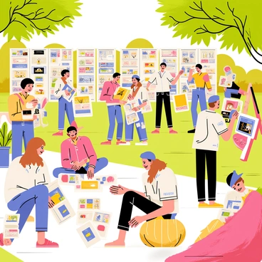 A vibrant outdoor swap meet bustling with illustrators. Stalls made of colorful fabric are set up, displaying a variety of art supplies such as paints, brushes, and sketchbooks. Illustrators are engaged in lively discussions as they exchange their sketches, showcasing a range of styles from detailed portraits to whimsical characters. Sunlight filters through the trees, casting dappled shadows on the ground. Some illustrators are seated on picnic blankets, sharing their artwork while others examine supplies laid out in front of them. The atmosphere is filled with creativity and collaboration.