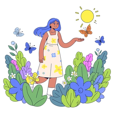 A woman with long, flowing hair is standing in a lush garden filled with vibrant green plants and colorful flowers. She is wearing a light, floral dress that blends harmoniously with the surroundings. Around her, butterflies in various shades of blue, orange, and yellow are fluttering about. One butterfly, with intricate patterns on its wings, is delicately hovering near her outstretched hand as she leans forward to gently touch it. The sun shines softly, illuminating the scene with a warm glow.