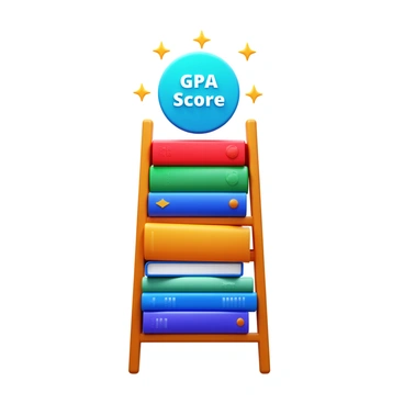 A cartoon ladder constructed from colorful stacked books. Each book in the ladder displays various titles related to education and study topics. At the top of the ladder, there is a prominent "GPA Score" icon, surrounded by sparkles to emphasize its importance. The background is simple to keep the focus on the ladder and the GPA score.