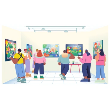 An open house event takes place in a spacious, well-lit gallery filled with colorful illustrations displayed on white walls. Several illustrators with diverse features are standing beside their artwork, engaging with attendees. One illustrator with short, curly hair is explaining their piece, which depicts a whimsical forest scene with vibrant trees and animals. Another artist with long, straight hair is leaning against a large canvas showcasing a surreal landscape filled with bright colors. Attendees of various ages are walking around, some stopping to admire the artwork while others are discussing the pieces excitedly. In one corner, a small table holds refreshments and a guestbook for visitors to sign.