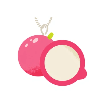 A whimsical piece of jewelry shaped like a lychee, featuring a vibrant pink exterior with a textured surface. The inside has a glossy white section resembling the fruit's pulp. This lychee charm hangs from a delicate silver chain, which glimmers under light. The overall design of the jewelry is playful and eye-catching, inviting admiration.