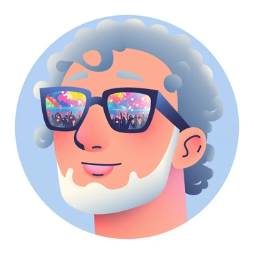 A close-up of a man with curly, untamed hair and a light beard is shown. He is wearing iconic dark sunglasses that reflect a vibrant concert stage filled with lights and a cheering crowd. The details of the sunglasses reveal the bright colors and dynamic energy of the performance. The man's expression is focused, with slight wrinkles around his eyes suggesting years of experience in music. He has a subtle smile, conveying a sense of connection with the audience. The background is softly blurred, emphasizing the man's face and the reflections in his sunglasses.