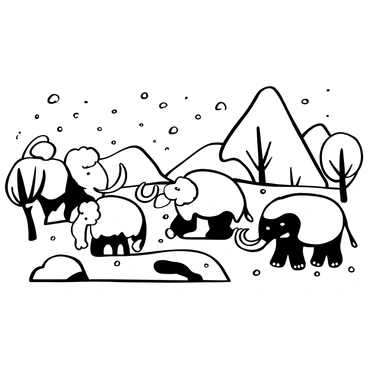 A group of woolly mammoths with long, curved tusks is grazing on a snowy landscape. Their thick fur is detailed, showcasing the texture of their coats. Snowflakes gently fall from the sky, covering the ground in a thick layer of snow. In the background, stark ice formations and distant snow-covered mountains create a rugged scenery. Several trees, stripped of leaves by the cold, stand in the landscape, adding to the wintry atmosphere. The ground is uneven and scattered with patches of exposed earth, hinting at the harsh environment of the Ice Age.