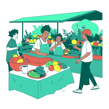 A teal farmer’s market is bustling with activity as a group of four friends explore the vibrant scene. One friend with curly hair is reaching for a bright yellow bell pepper, while another, wearing a red hat, examines a handmade ceramic mug displayed on a nearby table. Stalls filled with an array of colorful fresh produce, such as oranges, greens, and tomatoes, create a lively backdrop. The air is filled with the scent of fresh herbs and flowers, adding to the lively atmosphere as the friends share smiles and laughter.