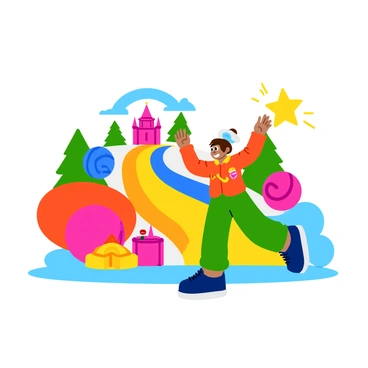 A character with bright, expressive features is participating in a colorful candy-themed challenge. The character is wearing a vibrant outfit adorned with candy designs, like lollipops and gummies. Surrounding the character are large, oversized candies in various colors, including red, blue, and yellow. There are whimsical candy trees and a rainbow pathway leading to a candy castle in the background. The character is actively reaching out to grab a floating candy star with a determined expression on their face.
