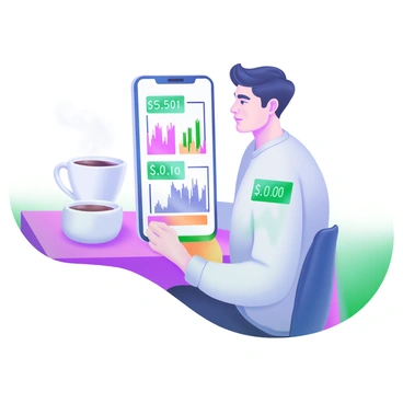 A young adult sitting at a wooden table, focused on the screen of a smartphone displaying stock market trends. The phone shows dynamic graphs and numbers. Beside the smartphone, there is a white ceramic coffee cup filled with steaming coffee. The young adult has short dark hair and wears casual attire, with a thoughtful expression while analyzing the data. The background is softly blurred, emphasizing the subject and the smartphone.