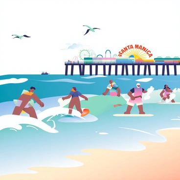 Surfers are riding the waves near the base of "Santa Monica Pier." The ocean is a vibrant shade of blue, with white foam cresting on the waves. Each surfer is skillfully maneuvering on their colorful boards, showcasing a variety of designs. In the background, the "Santa Monica Pier" stretches out with its iconic amusement park rides and bright colors. A few seagulls are flying in the clear blue sky overhead, adding to the lively beach atmosphere. The sandy beach is dotted with beachgoers enjoying the sun.