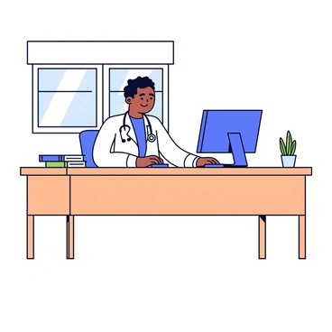 A doctor sitting at a wooden desk with a light brown finish. The doctor is wearing a white lab coat and has a stethoscope around their neck. They are focused on a computer screen, looking at patient files. The desk is organized with a few medical books and a small potted plant. A window behind the doctor allows natural light to illuminate the workspace.