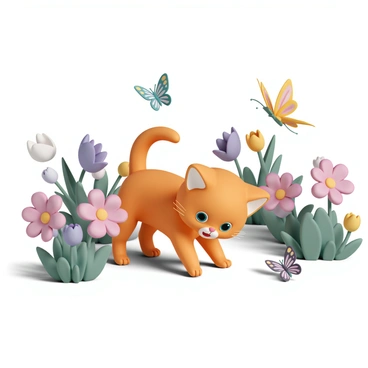 A tom kitten, with fluffy orange fur and bright green eyes, is curiously exploring a vibrant garden. The garden is filled with a variety of blooming flowers in shades of pink, yellow, and purple. Delicate butterflies with colorful wings flutter around the kitten, creating a lively atmosphere. The sunlight filters through the leaves of nearby trees, casting playful shadows on the ground as the kitten playfully pounces at the fluttering butterflies.