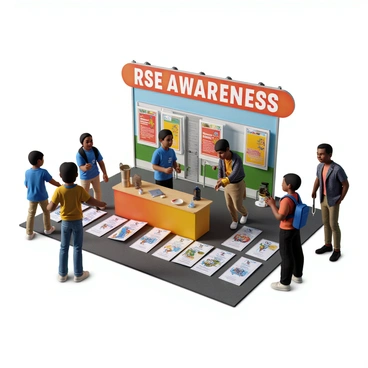 A community fair booth dedicated to an RSE awareness campaign. The booth features a large, vibrant banner at the top displaying the words "RSE Awareness" in bold letters. The backdrop is decorated with colorful graphics related to the campaign's themes. On the table in front, there are neatly arranged pamphlets explaining RSE, featuring eye-catching illustrations and informative text. There are a couple of friendly volunteers engaging with fair attendees, offering pamphlets to passersby. The booth is surrounded by a lively fair atmosphere with other booths and people enjoying the event.