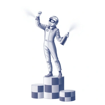 A racecar driver in a racing suit stands proudly on a podium. The driver is wearing a helmet, which is partially removed to reveal their face. In one hand, the driver is holding a champagne bottle, while the other hand is raised triumphantly. Champagne is spraying from the bottle, creating a dynamic fountain of liquid that catches the light. The podium has a checkered flag design in the background, enhancing the racing theme. The scene captures the excitement and celebration of the victory moment.