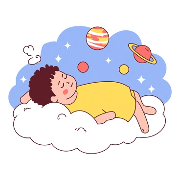 A yellow child is lying on a fluffy white cloud, looking peaceful and lost in thought. The child's eyes are closed, and a gentle smile is on their face as they daydream. Surrounding the cloud are twinkling white stars and various colorful planets in the background. The planets display distinct features, like rings and spots, contributing to the child's imaginative vision of their future. The overall scene conveys a sense of wonder and possibility.