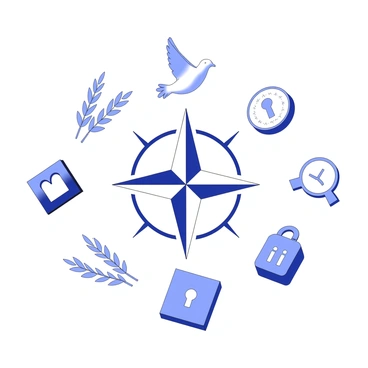 The NATO emblem is at the center of the image. It features a four-pointed star, symbolizing unity, surrounded by a circular design. Around the emblem, there are various symbolic representations of peace, such as an olive branch and a dove in mid-flight. Additionally, visual elements representing security include a shield and a lock. These elements are arranged harmoniously around the emblem, creating a sense of balance and interconnectedness.