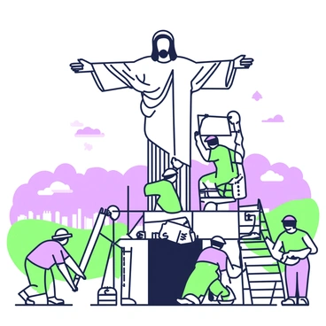 An illustration showcasing the construction of "Christ the Redeemer" in the early 1900s. In the foreground, workers are seen in traditional clothing, using scaffolding and tools to assemble the statue. Some workers are climbing on the structure, while others are holding blueprints. The statue of Christ is partially completed, with arms outstretched, towering over the scene. In the background, a panoramic view of the city is visible, with hills and a sky filled with clouds. The atmosphere reflects a sense of industrious spirit and ambition.
