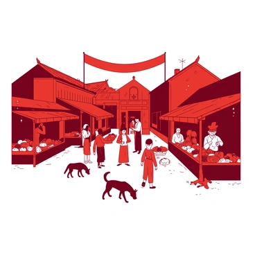 A red town square bustling with activity, depicting a scene from the past. There are several wooden market stalls, each displaying colorful fruits and vegetables. In the center of the square, a group of townspeople is gathered, engaging in conversations and exchanging goods. Some children are playing nearby, while a couple of dogs wander around, sniffing the ground. In the background, there are traditional buildings with ornate designs, and a large banner hangs above the square, adding to the festive atmosphere.