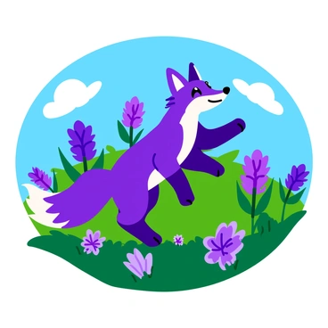 A playful purple fox with a bushy tail is frolicking in a field filled with vibrant blooming purple flowers. The flowers vary in shades of purple, with some resembling delicate blossoms and others having larger petals. Sunlight casts a warm glow over the scene, illuminating the fox’s shiny fur as it leaps joyfully among the flowers. The background features a bright blue sky with a few fluffy white clouds drifting lazily.