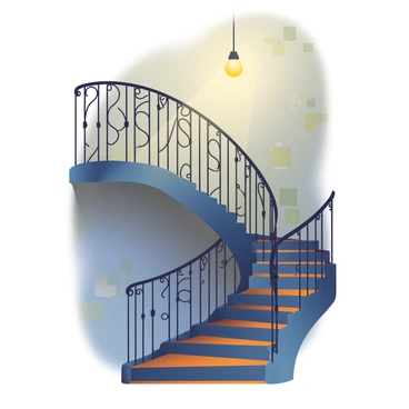 A shadowy winding staircase is located in an old hotel, its wooden steps worn and creaking. The staircase spirals upward, surrounded by peeling wallpaper in muted colors. A single, dim light bulb hangs from the ceiling, casting a warm glow that creates deep shadows along the walls. The iron railing is intricately designed, rusted in some places, enhancing the antique atmosphere. Dust particles float gently in the air, illuminated by the soft light, giving a sense of stillness to the scene.