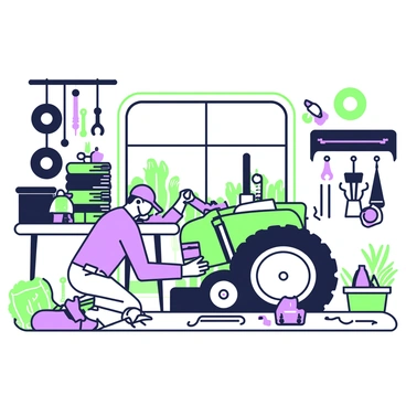A mechanic is kneeling beside a tractor in a cluttered farm workshop. He is wearing a blue work shirt and a cap, focused on repairing the engine. The workshop is filled with various tools hanging on the walls, and there are stacks of old tires in one corner. A workbench with scattered tools, including wrenches and screwdrivers, is visible beside him. There is a large window allowing natural light to illuminate the space, with a few plants growing outside. The floor is covered with a mix of dirt and oil stains, and a few farm-related items are scattered around, including a hay bale and a small cart.