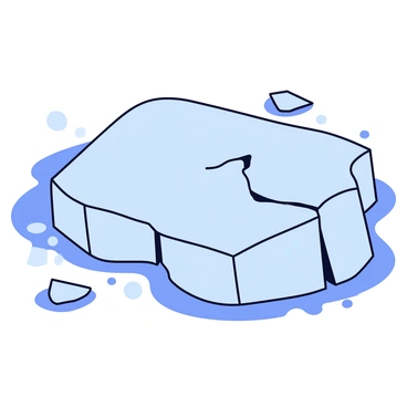 A large piece of ice resting on a frozen lake. The ice has visible fissures and cracks spreading across its surface. A section of the ice is breaking apart into multiple small, crunchy shards. The shards are irregularly shaped, reflecting the cold environment around them. The surface of the lake is covered with a layer of frost, enhancing the icy scene.