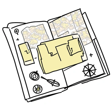 An illustration board filled with a collage of various antique maps, showcasing intricate details such as old-world cartography and faded topographic lines. Each map is bordered with ornate patterns, displaying vintage compass designs alongside them. The compasses feature delicate engravings and are arranged in a visually pleasing manner, complementing the maps' designs. The color palette consists of muted earth tones, giving the entire composition a sense of history and exploration.