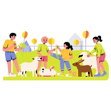 A group of children is happily feeding and petting various animals at a lively petting zoo. The children, wearing bright and colorful clothing, are surrounded by a variety of animals including fluffy sheep, playful goats, and gentle rabbits. One child is holding a handful of green grass to feed a curious goat that is leaning close. Another child is kneeling down to pet a soft brown rabbit, while a third child is laughing as a sheep gently nudges them. The background features a vibrant and sunny atmosphere with green grass and colorful signs indicating the different animal pens.