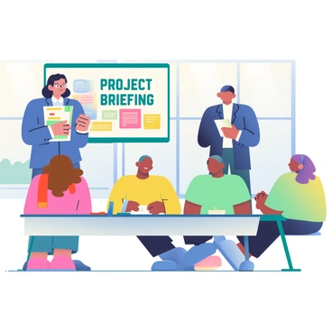 An illustration agent with short black hair and glasses is standing at the front of a modern conference room. She is wearing a formal navy blue blazer and white blouse. In her hands, she holds a stack of colorful project documents. A large screen behind her displays the title "Project Briefing" in bold letters. A diverse group of five artists is seated around a rectangular table, attentively listening. The artists include a woman with long curly brown hair and a vibrant red scarf, a man with a shaved head and a green shirt, and a woman with short purple hair wearing a yellow dress. Each artist has a sketchbook and various art supplies on the table in front of them. The room is filled with soft natural light coming from large windows, enhancing the collaborative atmosphere.