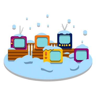 A winter scene featuring several vintage television sets placed outside, all covered in a layer of gentle snowfall. The ground is blanketed in white, and snowflakes are softly falling from the gray sky. The TVs are scattered, some leaning against a fence, while others sit on a wooden crate. Each television has a distinct retro design, with dials and antennas visible, and the snow is accumulating on their screens and edges.