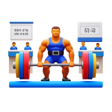 A powerlifter in a competition setting, wearing a form-fitting lifting suit and a weightlifting belt. The lifter is in a focused stance, bending slightly at the knees while gripping a heavy barbell. The barbell is loaded with large, colorful weight plates on either side. The lifter's muscles are tense and defined, showcasing their strength and effort. The background includes judges observing the lift and a few spectators. A scoreboard displays the current lifting category and weight. The atmosphere conveys intensity and concentration during the lift.