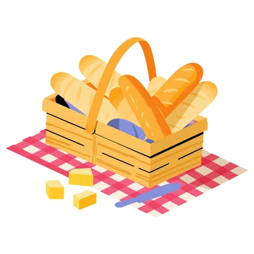 A wicker basket overflowing with freshly baked bread on a picnic blanket