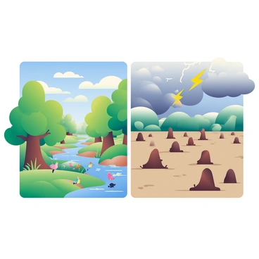 A detailed illustration shows a split scene depicting the effects of deforestation on local weather patterns. On the left side, a lush green forest is filled with tall trees and vegetation, with sunlight filtering through the leaves. Various birds are perched on branches, and a small stream flows gently nearby. The sky above this area is bright blue with fluffy white clouds. On the right side, the same landscape has been cleared, revealing stumps and barren soil. The sky above this part is darker and filled with gray clouds, with occasional lightning striking in the distance. In the center, a stark transition line separates the two environments, highlighting the contrast between the thriving ecosystem and the impacted area.