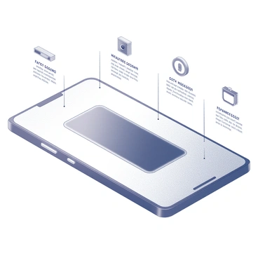 An infographic showcasing a new smartphone. The design includes a central image of the smartphone, displaying its sleek profile and modern aesthetic. Surrounding the phone are labeled icons representing its key features, such as a high-resolution camera, fast processor, and extended battery life. Each icon is accompanied by brief descriptions in a clear font. The layout is organized, ensuring there is a balance between text and visual elements. The background is simple, allowing the smartphone and its features to stand out prominently on the page.