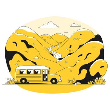A yellow school bus parked at the top of a grassy hill. The bus is facing towards a vast valley, showcasing a panoramic view of rolling hills, a winding river, and clusters of trees scattered throughout the landscape. In the foreground, patches of wildflowers add detail to the hillside. The sky above is clear, providing an expansive backdrop to the scene. The bus has its doors open, suggesting an invitation to explore the beautiful surroundings.