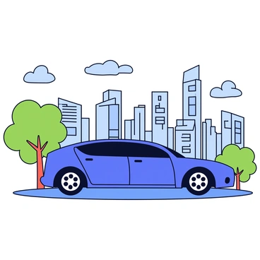 An electric car in a sleek, modern design is parked on a flat surface. The car has a shiny blue exterior with aerodynamic curves. In the background, there is a panoramic view of a city skyline featuring tall buildings with glass facades. Trees and greenery are visible in the foreground, blending nature with the urban landscape. The sky is clear with a few fluffy clouds, enhancing the overall scene.