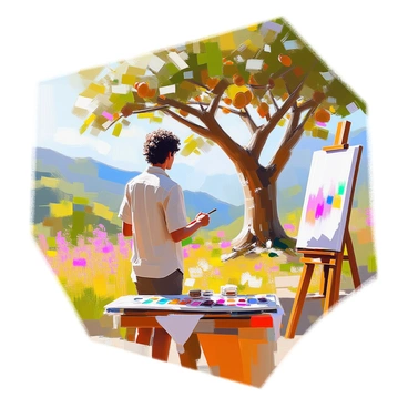 An artist with medium skin and curly hair is standing in front of a scenic landscape, focusing intently on his canvas. He is dressed in a cream-colored shirt and has a palette of colors in one hand while holding a brush in the other. In the background, a large tamarind tree takes center stage, its branches adorned with green leaves and brown pods. Surrounding the tree, the vibrant forest is filled with various shades of green foliage, patches of colorful wildflowers, and dappled sunlight filtering through the canopy. The artist captures the essence of the serene landscape with each stroke of his brush.