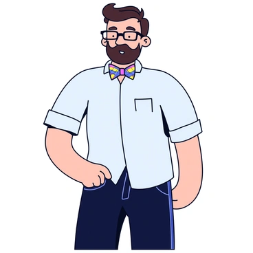 A hipster character with a plaid bow tie and thick-rimmed glasses