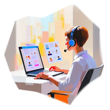 A customer service representative with light skin and short brown hair is seated at a desk, carefully reviewing illustrated feedback forms. The forms are colorful and feature positive illustrations from various customers, depicting satisfied expressions, cheerful faces, and thumbs-up gestures. The representative is wearing a blue headset, and a laptop is open in front of them, displaying additional customer data. Sunlight filters through a nearby window, illuminating the workspace and highlighting the vibrant drawings on the feedback forms.