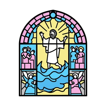 A large stained glass window featuring a biblical story. The window is composed of vibrant, multicolored glass panes, intricately arranged. In the center, "Moses parting the Red Sea" is depicted, showcasing "Moses, with arms raised, wearing a flowing robe" on one side and "walls of water" on either side, creating a dramatic scene. Surrounding the central image, various smaller panels display "angels" and "the Israelites," all rendered in vivid colors and ornate patterns. The light filtering through the glass creates a colorful display on the floor below.