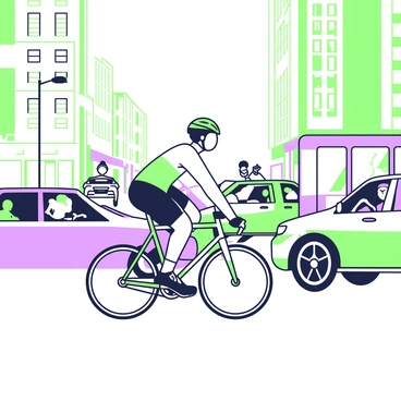 A cyclist is navigating through a busy city street. The cyclist is wearing a helmet and a fitted cycling outfit. The bike is sleek and features thin tires. Around the cyclist, several cars are stopped in traffic, some with drivers visible inside, looking out. The cyclist is skillfully weaving between the vehicles, showcasing agility. On either side of the street, there are tall buildings and storefronts, with pedestrians visible on the sidewalks. The scene captures the hustle and bustle of the city environment.