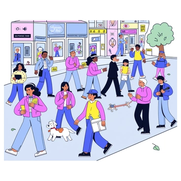 A busy city sidewalk filled with a variety of people. There are individuals of different ages and ethnicities walking in various directions. Some are engaged in conversation, while others are focused on their phones. Street performers are present, including a mime in black and white clothing and a musician playing a guitar. Colorful banners and signs can be seen on nearby storefronts, and a few dogs are being walked alongside their owners. The ground is made of grey pavement, and there are scattered leaves and a small tree nearby.