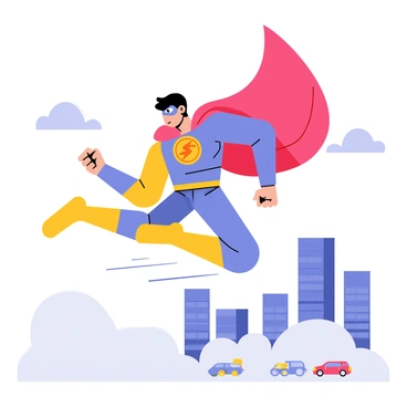 A superhero wearing a vibrant red cape is flying through the air with determination. The superhero has a muscular build and a mask covering their eyes, adding to their mystique. Their costume is a mix of bright colors including blue and gold, featuring an emblem emblazoned on the chest. The wind is visibly swirling around them as they zoom past fluffy white clouds. Below, a cityscape can be seen, with tall buildings and small cars on the streets, hinting at the secret mission taking place high above.
