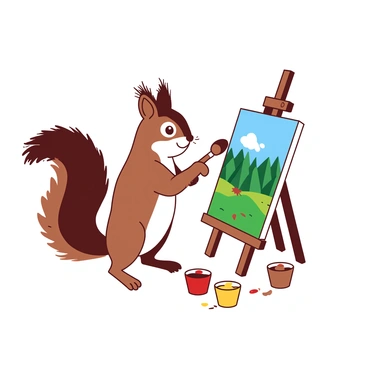 A brown squirrel with fluffy fur is standing on its hind legs in front of a miniature easel. The easel holds a small canvas depicting a vibrant landscape filled with green trees and a blue sky. The squirrel is holding a tiny paintbrush in its right paw and appears focused on adding details to the painting. Various small paint pots in red and yellow are scattered around the base of the easel, and a gentle breeze rustles the fur of the squirrel, creating a lively scene.