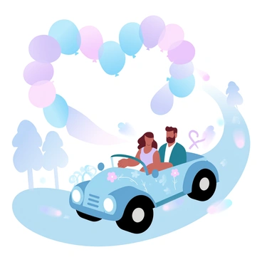 A whimsical car is driving down a winding road. The car is covered with colorful balloons in various shapes and sizes, creating a festive atmosphere. Inside the car, a man and a woman are seated, surrounded by ribbons and floral decorations. The road is lined with trees, and soft pastel colors fill the sky, creating a celebratory backdrop. Above the car, a large heart shape is formed by more balloons, symbolizing their love and happiness.