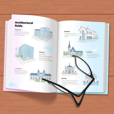 A printed architectural guide lies open on a wooden table, displaying detailed illustrations of various building designs. The pages feature intricate drawings of modern skyscrapers, quaint cottages, and historic landmarks, showcasing different architectural styles. Each illustration is accompanied by annotations describing the design features and materials used. The guide has a soft cover with a gradient of pastel colors, blending from light pink to soft blue, giving it a gentle aesthetic. A pair of reading glasses rests beside the guide, hinting at a recent study session.
