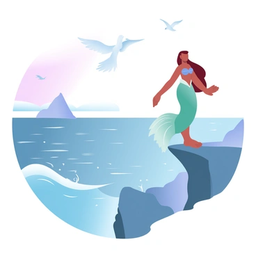 Ariel is standing on the edge of a rocky cliff, her long hair flowing in the gentle breeze. She is wearing a vibrant green dress that contrasts with the deep blue of the ocean below. The vast ocean stretches out endlessly, with waves crashing against the rocks. The sky is filled with soft gradient pastel colors, blending shades of pink, purple, and blue as the sun begins to set. A few seagulls are soaring above, adding a sense of life to the scene. In the distance, the horizon meets the ocean, creating a serene and expansive view.