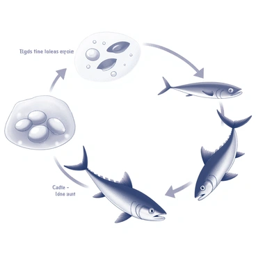 An educational illustration depicting the life cycle of a tuna fish. The first stage shows eggs floating in the ocean, surrounded by small bubbles. The second stage features a hatching tuna larva, with its elongated body and tiny fins, swimming in open water. The third stage displays juvenile tuna, characterized by their developing stripes and increased size, swimming in a school. The final stage highlights adult tuna, showcasing their streamlined bodies and powerful tails, swimming gracefully through the ocean depths. Each stage is clearly labeled with "Eggs," "Larva," "Juvenile," and "Adult" respectively.