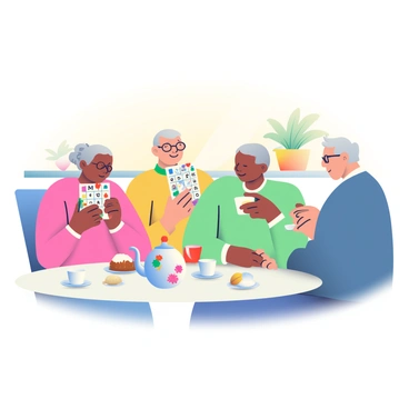 A group of four elderly friends is gathered around a round table, enjoying a cozy tea party. Each person has a bingo card in front of them, with colorful markers placed on the numbers. One woman with gray hair pulled back into a bun is holding a cup of tea in her hand, smiling as she engages with the others. An elderly man with glasses is leaning forward, looking intently at his card. There are delicate porcelain teacups, a teapot with floral designs, and an assortment of pastries on the table. A warm light fills the room, creating a welcoming atmosphere. In the background, there are potted plants adding a touch of greenery to the setting.